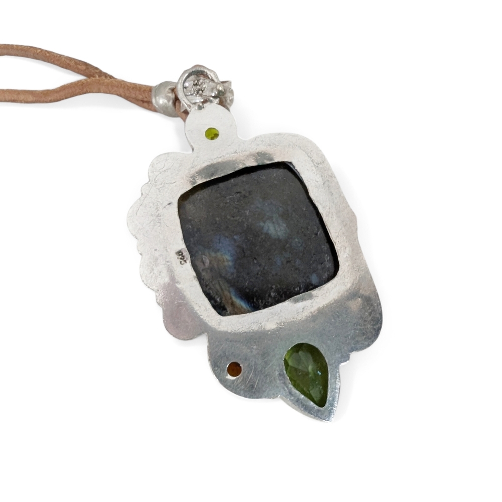 VINTAGE Pendant Necklace Labradorite Peridot 36" 925 Sterling Silver Leather - Picture 8 of 14